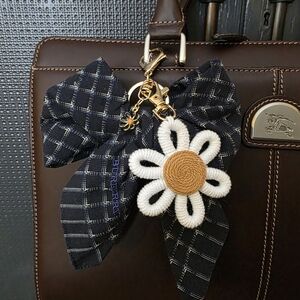 Navy Vintage Burberry Scarf Bow Bag Charm